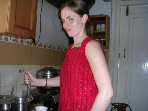 Ajoy's toddler nephew took this photo of me as I was busy practicing to cook Konkani food.